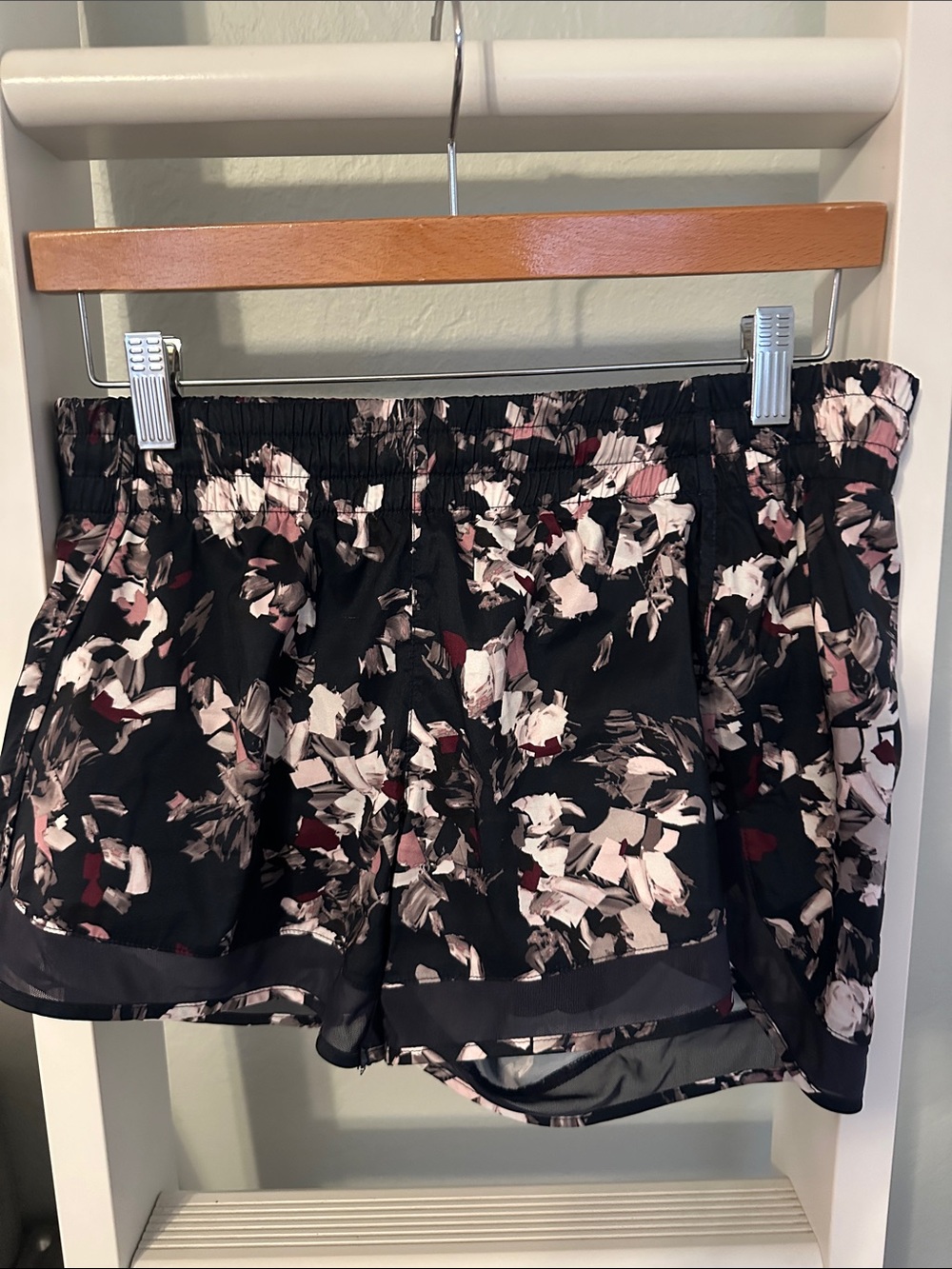Athleta Black Floral Print Athletic Shorts with Pink and Burgundy Accents